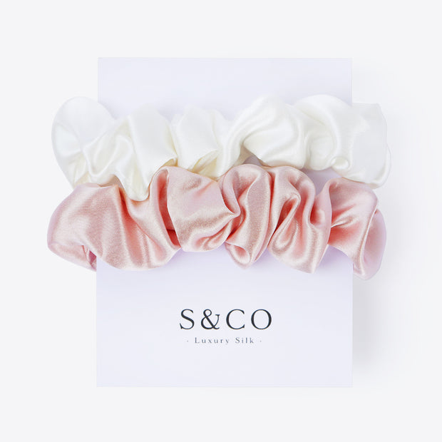 Silk Hair Scrunchie- Pink and White